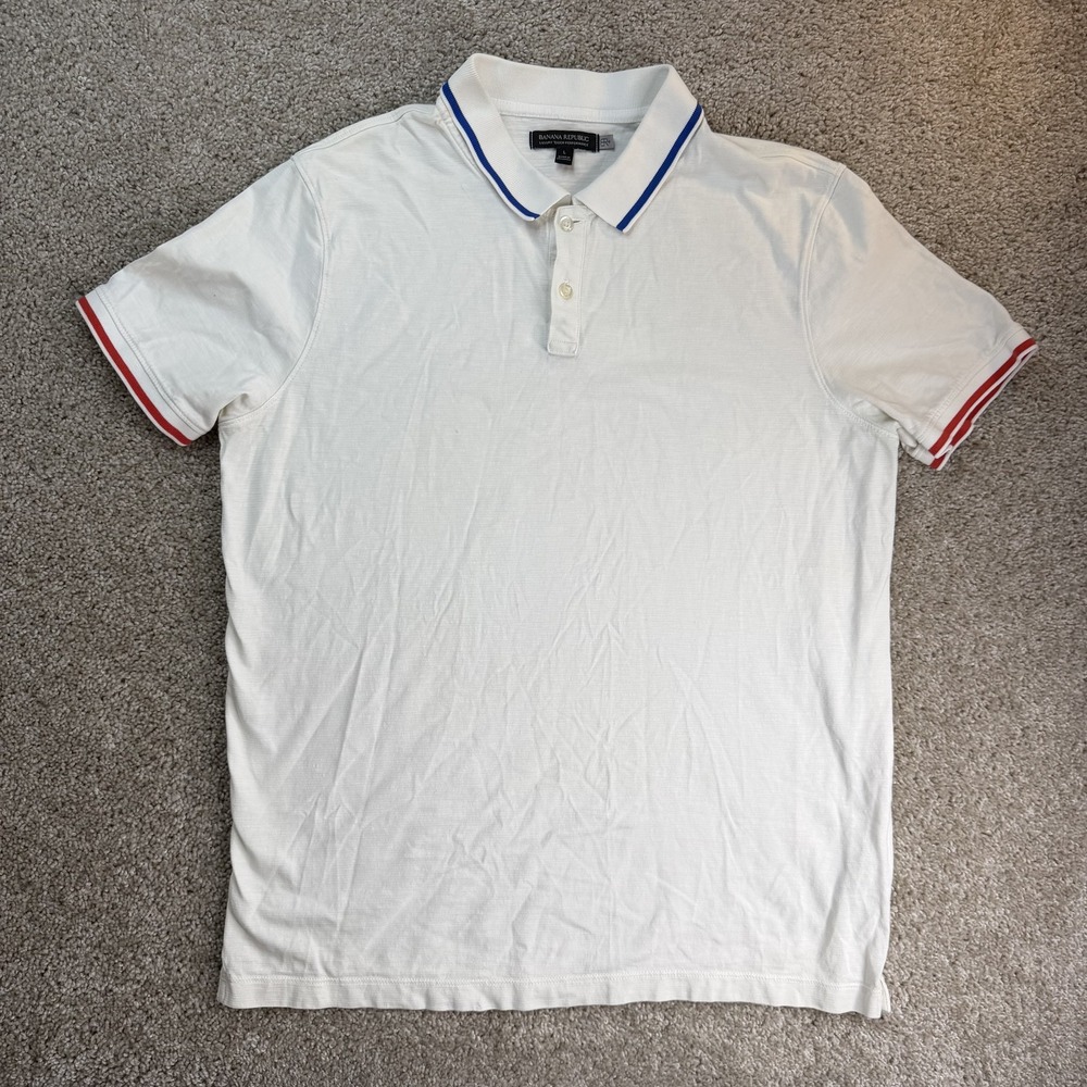 Banana Republic Luxury Touch Polo Shirt Mens L White Tipped Trim Short Sleeve